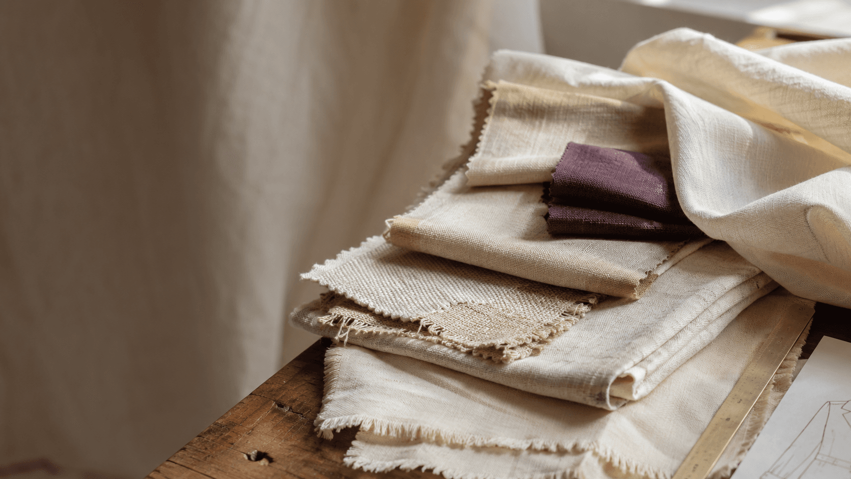 Stacked natural linen and raw cotton fabric swatches with a deep aubergine accent, on a wooden sample-room table beside a soft drape of unbleached cloth.